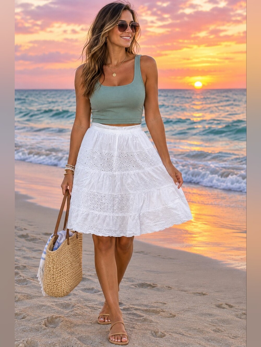 Studio West White Eyelet Tiered Midi Skirt